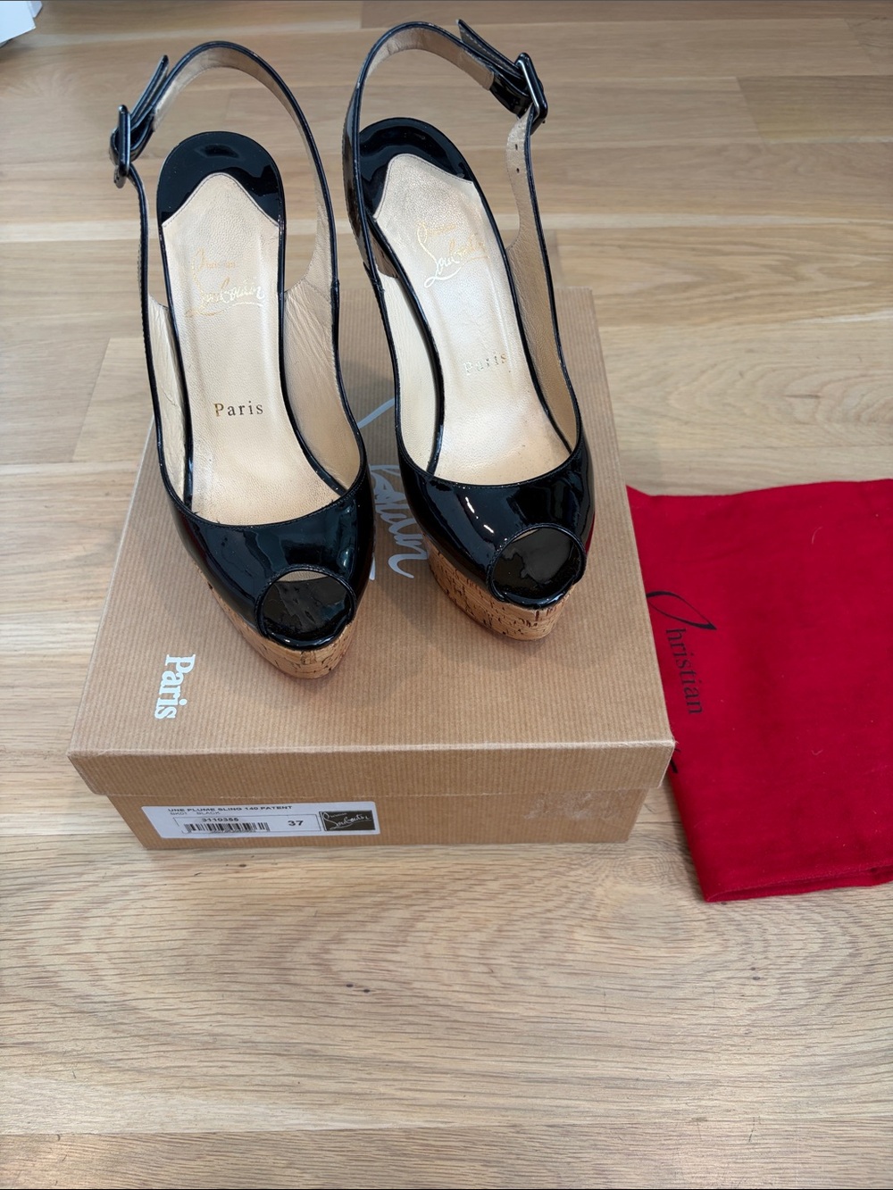 Christian Louboutin Black Patent Cork Peep-Toe Wedge Slingbacks